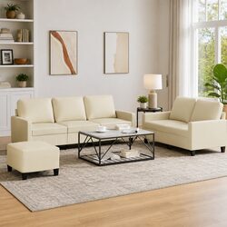 3 Piece Sofa Set with Footstool in Cream Faux Leather