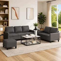 3 Piece Living Room Sofa Set in Grey Faux Leather