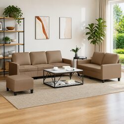 3 Piece Sofa Set with Footstool – Brown Faux Leather Construction