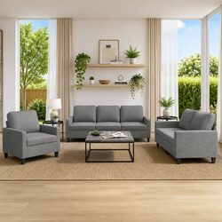 Durable 3 Piece Sofa Set Grey Fabric Lounge Seating