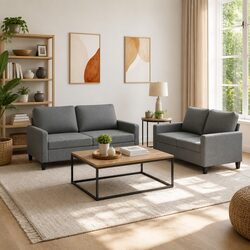 2 Piece Sofa Set Grey Fabric Construction with Cushions