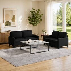 2 Piece Sofa Set in Black Fabric with Sturdy Frame