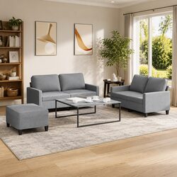 Durable 3 Piece Sofa Set with Footstool in Grey