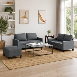 Grey Fabric Sofa Set, 3 Piece with Footstool