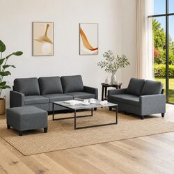 Three-Piece Sofa Set with Footstool in Grey Fabric