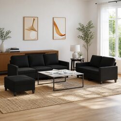 3 Piece Sofa Set with Cushions - Black Fabric Construction