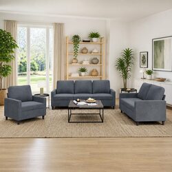 Three-Piece Grey Velvet Sofa Set with Cushions