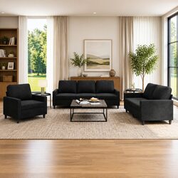 3 Piece Black Velvet Sofa Set with Sturdy Frame