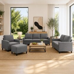 4 Piece Sofa Set with Cushions and Footstool in Grey Velvet
