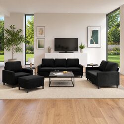 4 Piece Sofa Set in Black Velvet with Footstool