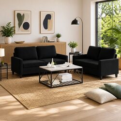 2-Piece Sofa Set in Black Velvet with Cushions