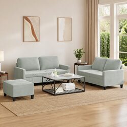 3 Piece Grey Velvet Sofa Set with Footstool for Living Room