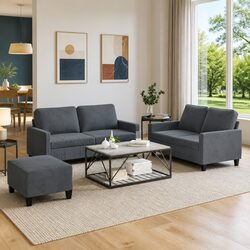3 Piece Sofa Set in Grey Velvet with Cushions and Footstool