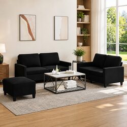 3 Piece Sofa Set with Ottoman - Black Velvet Details