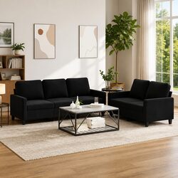 2 Piece Black Velvet Sofa Set with Plywood and Metal Frame