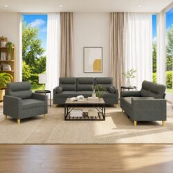 Durable 3 Piece Sofa Set in Grey Fabric with Roll Pillows