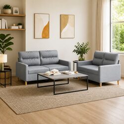 2 Piece Grey Fabric Sofa Set with Cushions for Living Room