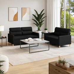 2 Piece Sofa Set in Black Fabric with Cushioned Seats