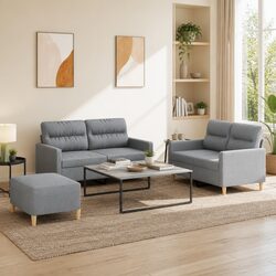3 Piece Sofa Set with Footstool in Grey Fabric