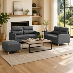 3 Piece Grey Fabric Sofa Set with Footstool and Cushions