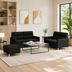 3 Piece Sofa Set in Black Fabric with Footstool