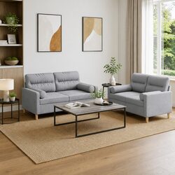 2 Piece Sofa Set with Grey Fabric Upholstery and Pillows