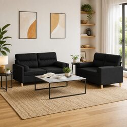 2 Piece Black Fabric Sofa Set with Roll Pillows
