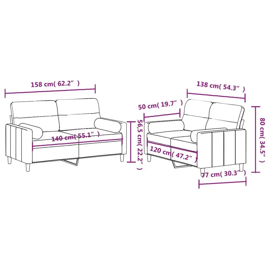 2 Piece Sofa Set Black Fabric Couch Lounge with Roll Pillows Living Room