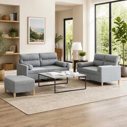 3 Piece Grey Sofa Set with Pillows and Footstool