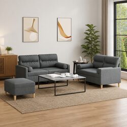 3 Piece Grey Fabric Sofa Set with Sturdy Footstool