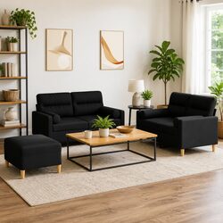 3 Piece Sofa Set with Black Fabric Upholstery and Footstool