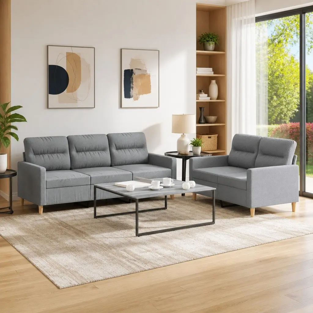 2 Piece Sofa Set Grey Fabric Cushions Living Room Seating Lounge Couch Suite