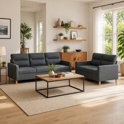 Durable 2 Piece Sofa Set in Grey Fabric with Cushions
