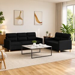 Black Fabric 2 Piece Sofa Set with Cushions for Living Rooms
