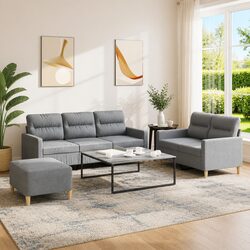 3 Piece Sofa Set with Footstool in Grey Fabric