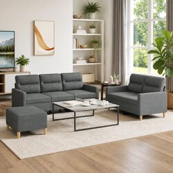 Grey Fabric 3 Piece Sofa Set with Footstool