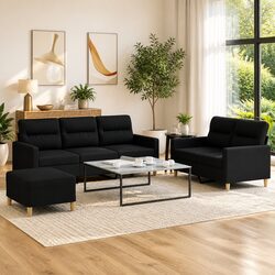 Compact 3 Piece Sofa Set with Cushions in Black