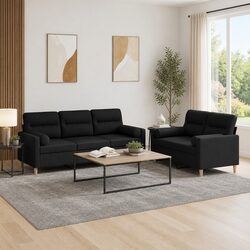2 Piece Black Fabric Sofa Set with Roll Pillows
