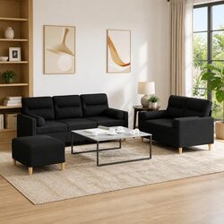 3 Piece Black Fabric Sofa Set with Roll Pillows