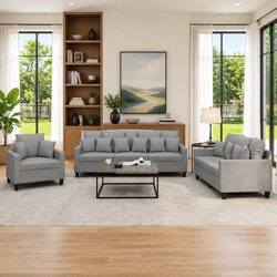 3 Piece Grey Fabric Lounge Suite with Cushions