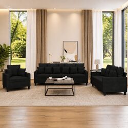 3 Piece Black Fabric Sofa Set with Cushions