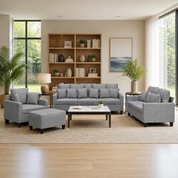 4 Piece Sofa Set in Grey Fabric with Footstool and Pillows