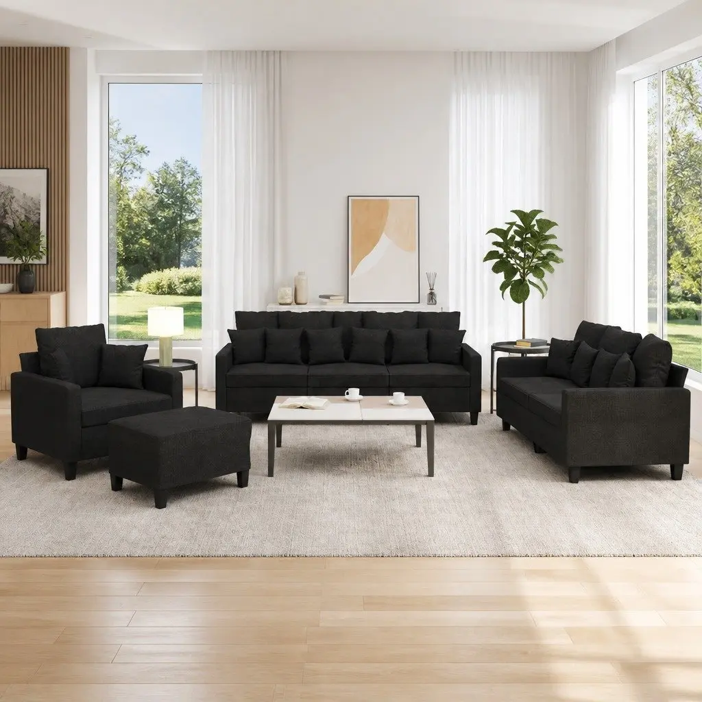 Sofa Set Durable Fabric Compact Black 4 Piece with Throw Pillows and Footstool