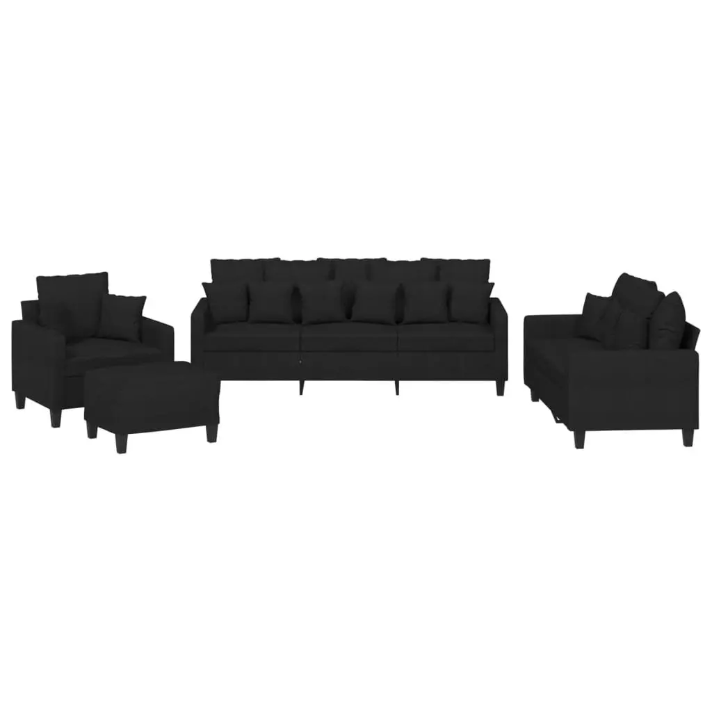 Sofa Set Durable Fabric Compact Black 4 Piece with Throw Pillows and Footstool