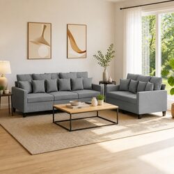 2 Piece Sofa Set with Grey Fabric and Sturdy Construction