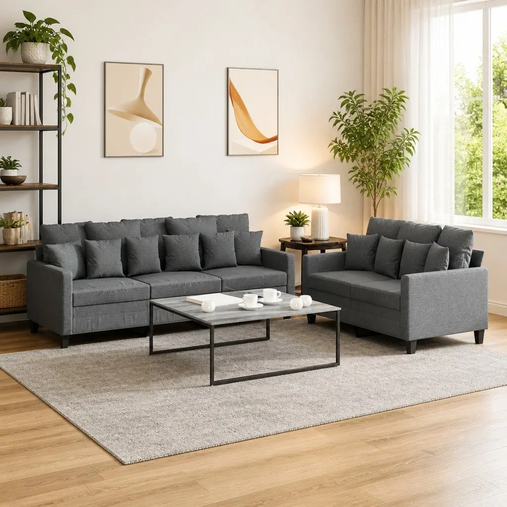 2 Piece Sofa Set Grey Fabric Couch Cushions Living Room Furniture Seating Suite