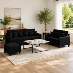 Compact 3 Piece Black Sofa Set with Cushions and Footstool