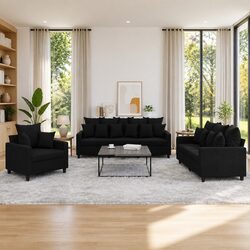 3 Piece Black Velvet Sofa Set with Sturdy Frame Construction