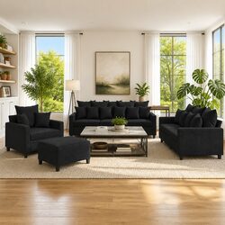 4 Piece Black Velvet Sofa Set with Sturdy Footstool