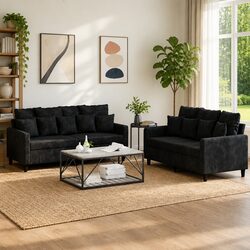 Durable 2 Piece Sofa Set in Black Velvet with Cushions